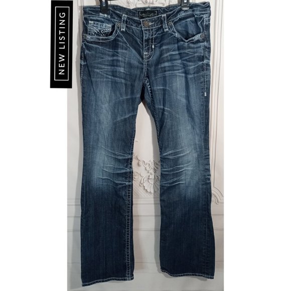 Big Star Jeans Liv Blue Denim Boot Cut Dark Wash Whiskered Silver Stitch Sz 37L - Picture 1 of 8